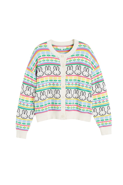 Colorful cardigan with cartoon character pattern on a white background
