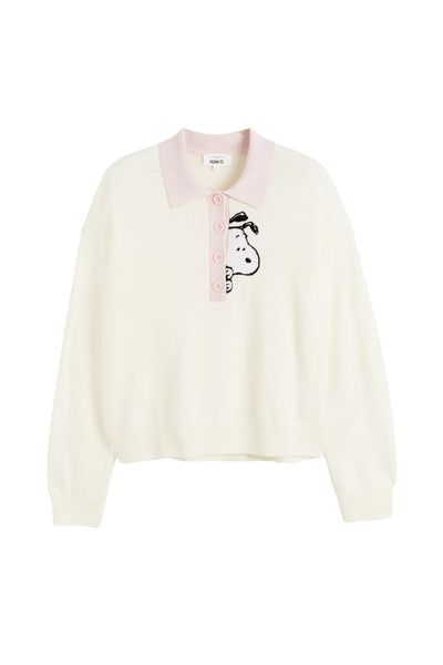 White sweater with pink collar and black graphic on a white background