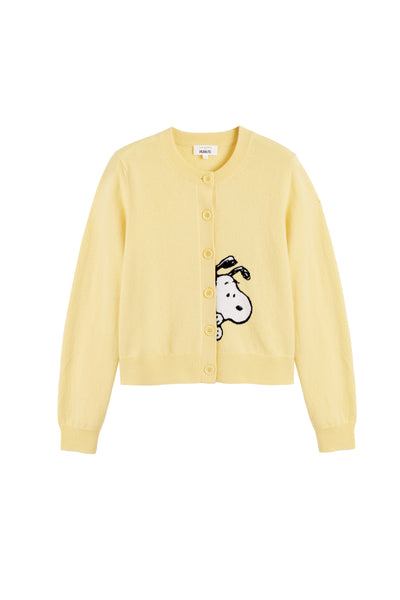 Yellow cardigan with a cartoon character on a white background