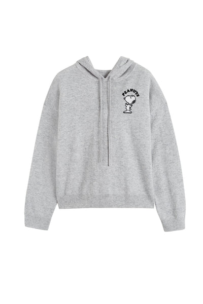 Grey hoodie with a small graphic on a white background