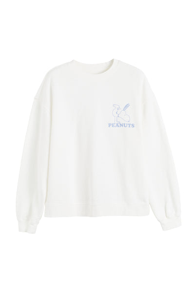 White sweatshirt with a small logo on a white background