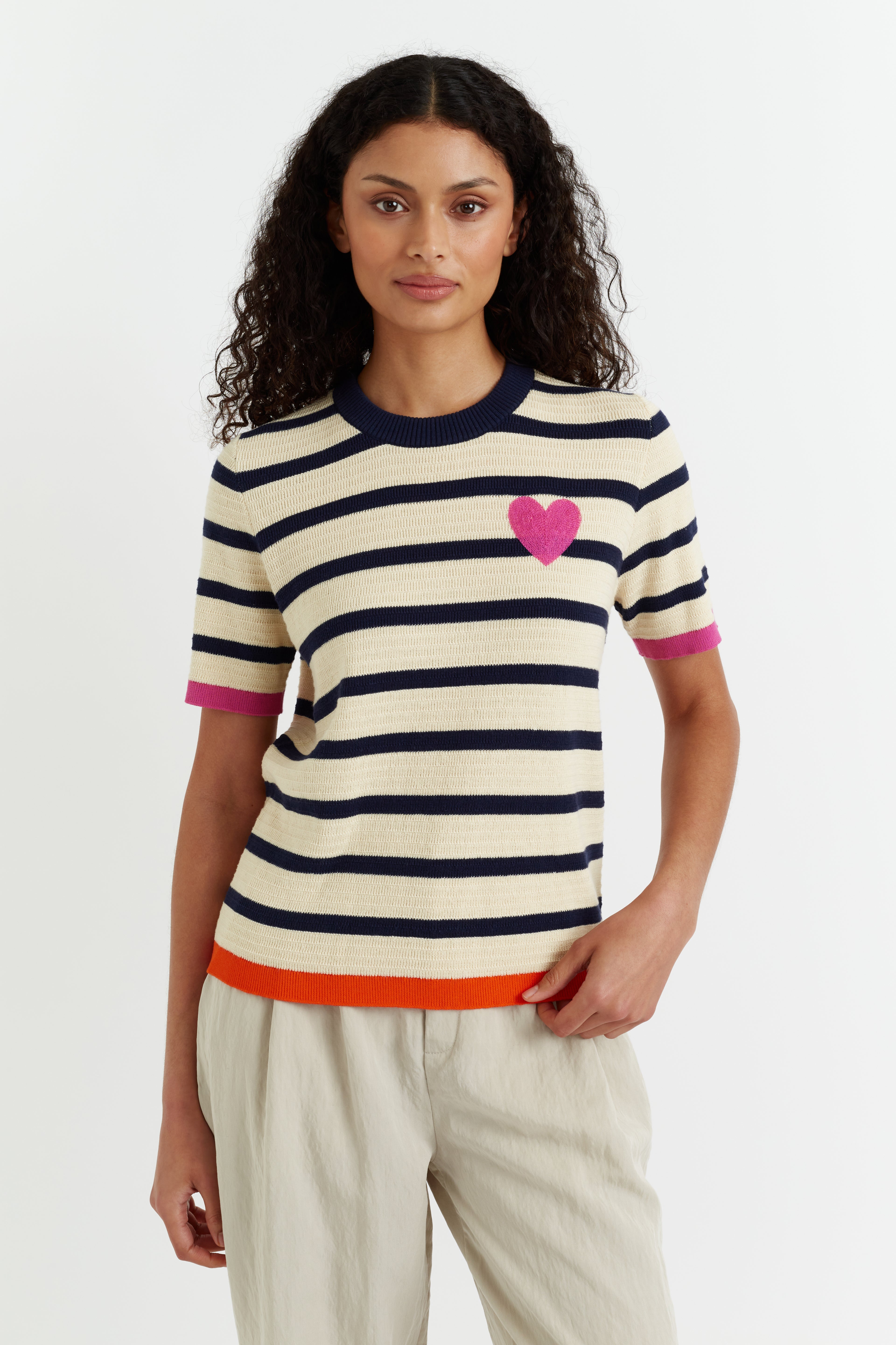 Cream Cotton Heart Breton Crochet T-Shirt