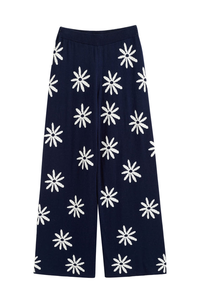 Navy Cotton-Cashmere Ditsy Daisy Wide-Leg Trousers image 2