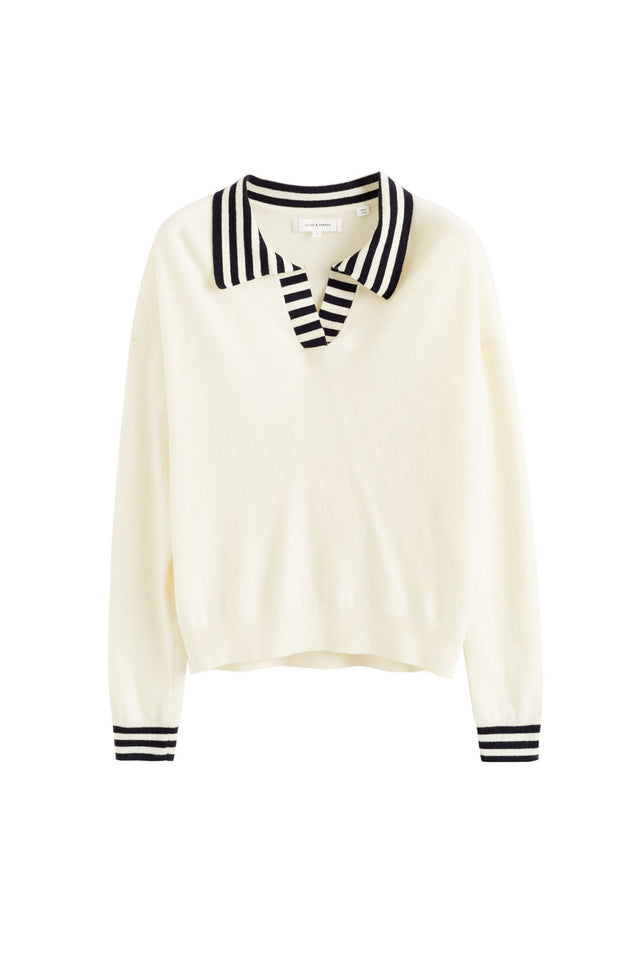 Cream Wool-Cashmere Striped Collar Sweater image 2
