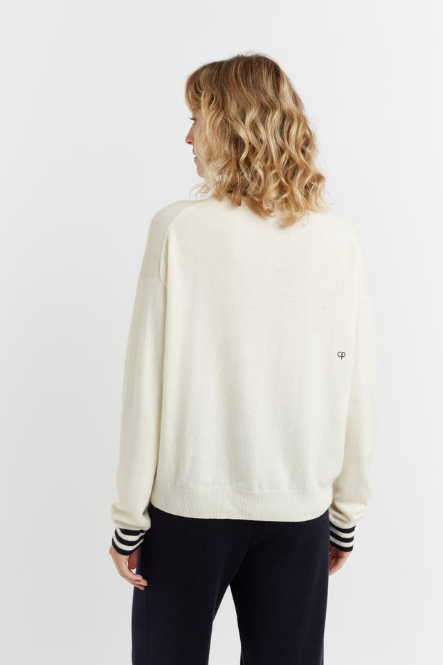 Cream Wool-Cashmere Striped Collar Sweater image 3