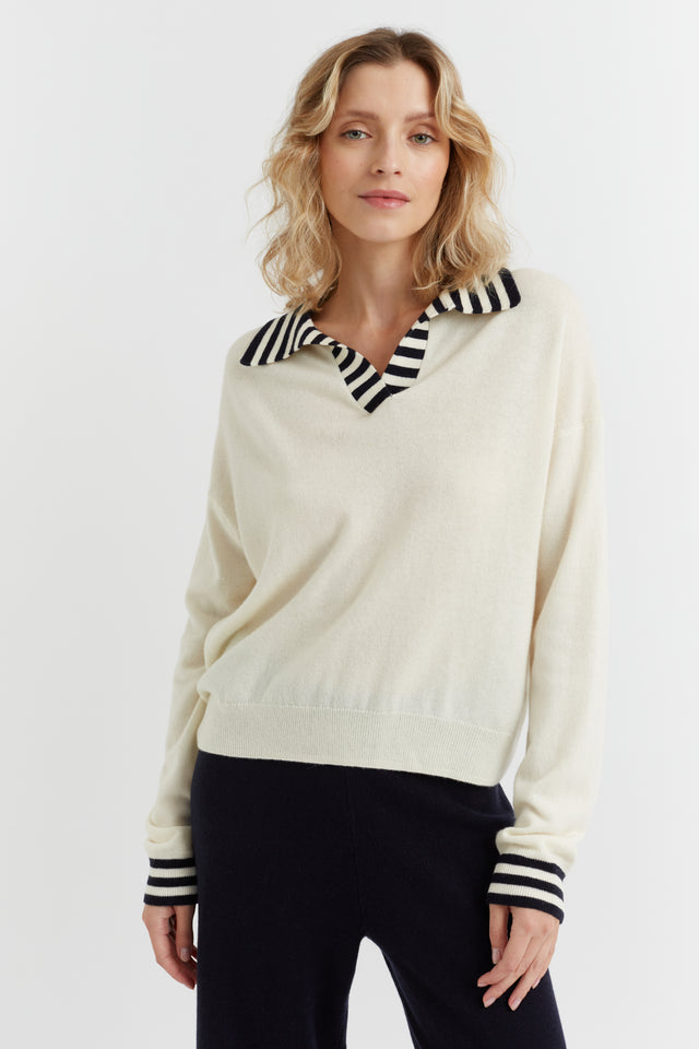 Cream Wool-Cashmere Striped Collar Sweater image 1