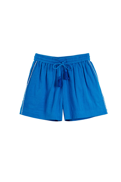 Blue shorts with white stripes on a white background