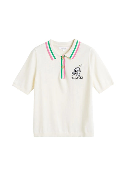 White polo shirt with colorful trim on a white background