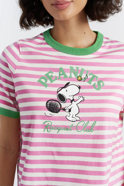 Pink and white striped t-shirt with Snoopy graphic and 'Peanuts Racquet Club' text.