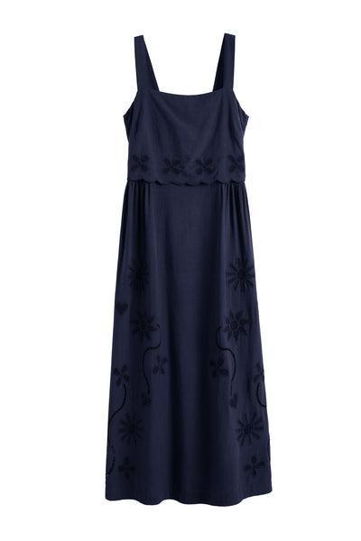 Navy Linen-Blend Broderie Summer Dress