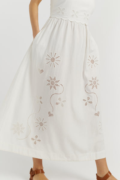 Cream Linen-Blend Broderie Summer Dress