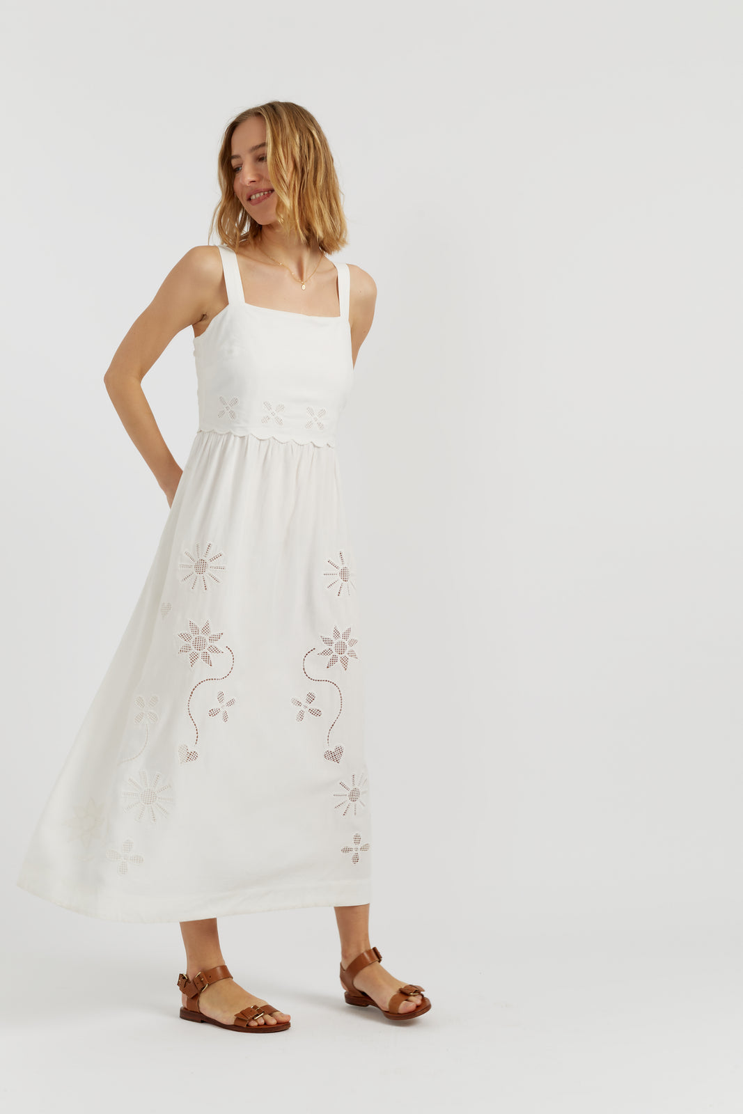 Cream Linen-Blend Broderie Summer Dress