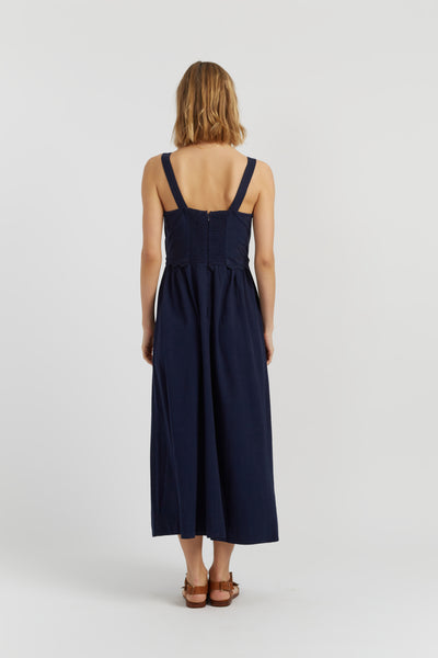 Navy Linen-Blend Broderie Summer Dress