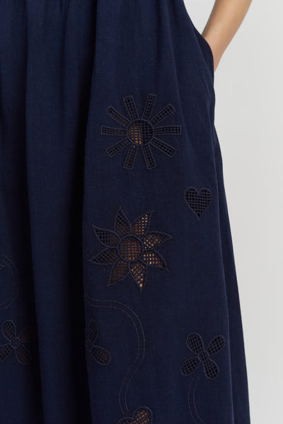 Navy Linen-Blend Broderie Summer Dress