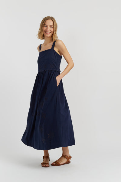 Navy Linen-Blend Broderie Summer Dress