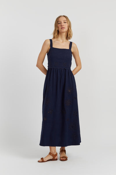 Navy Linen-Blend Broderie Summer Dress