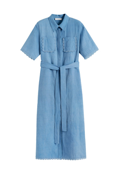 Dusty-Blue Linen-Blend Scallop Shirt Dress