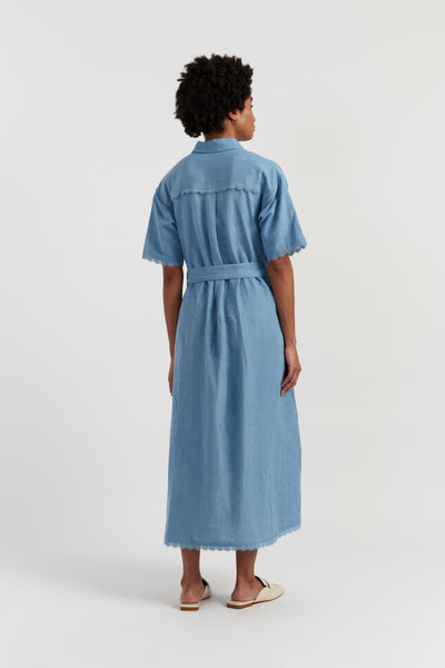 Dusty-Blue Linen-Blend Scallop Shirt Dress