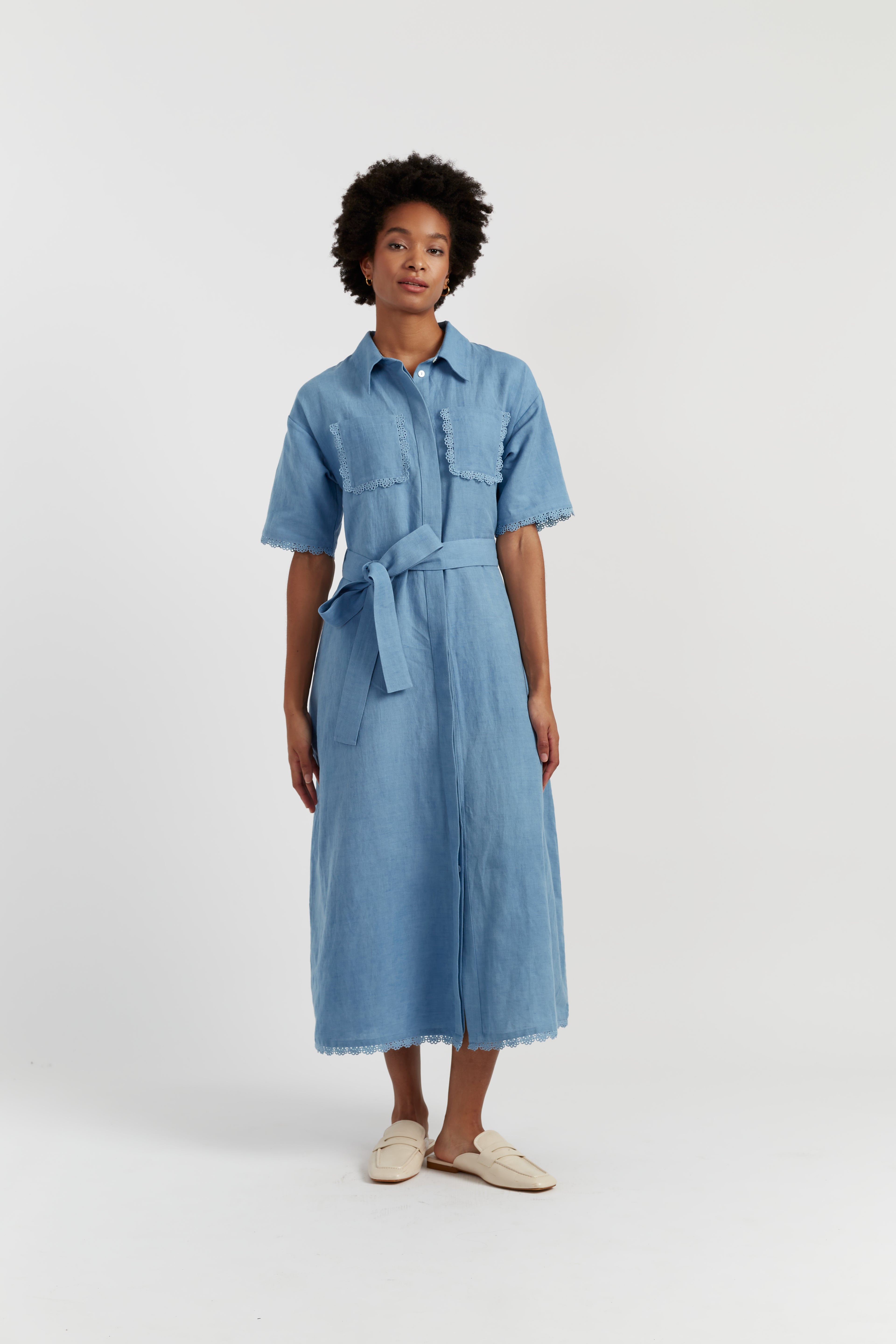 Dusty-Blue Linen-Blend Scallop Shirt Dress