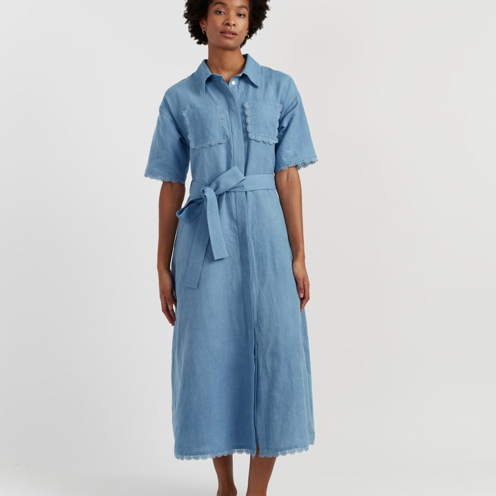 Dusty-Blue Linen-Blend Scallop Shirt Dress