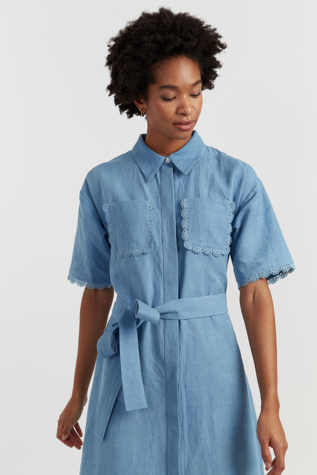 Dusty-Blue Linen-Blend Scallop Shirt Dress - Chinti & Parker UK Dusty-Blue Linen-Blend Scallop Shirt Dress - Chinti & Parker UK