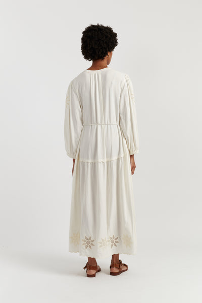 Cream Linen-Blend Broderie Dress