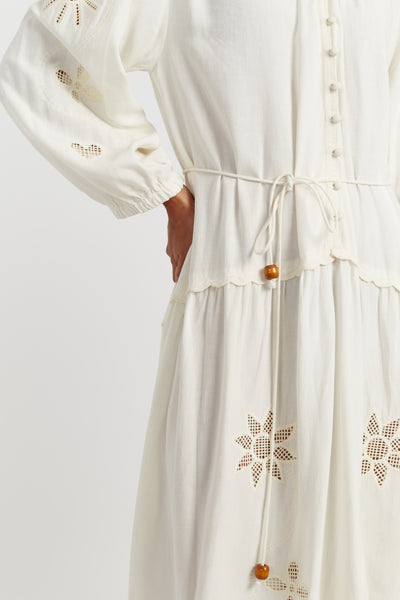 Cream Linen-Blend Broderie Dress