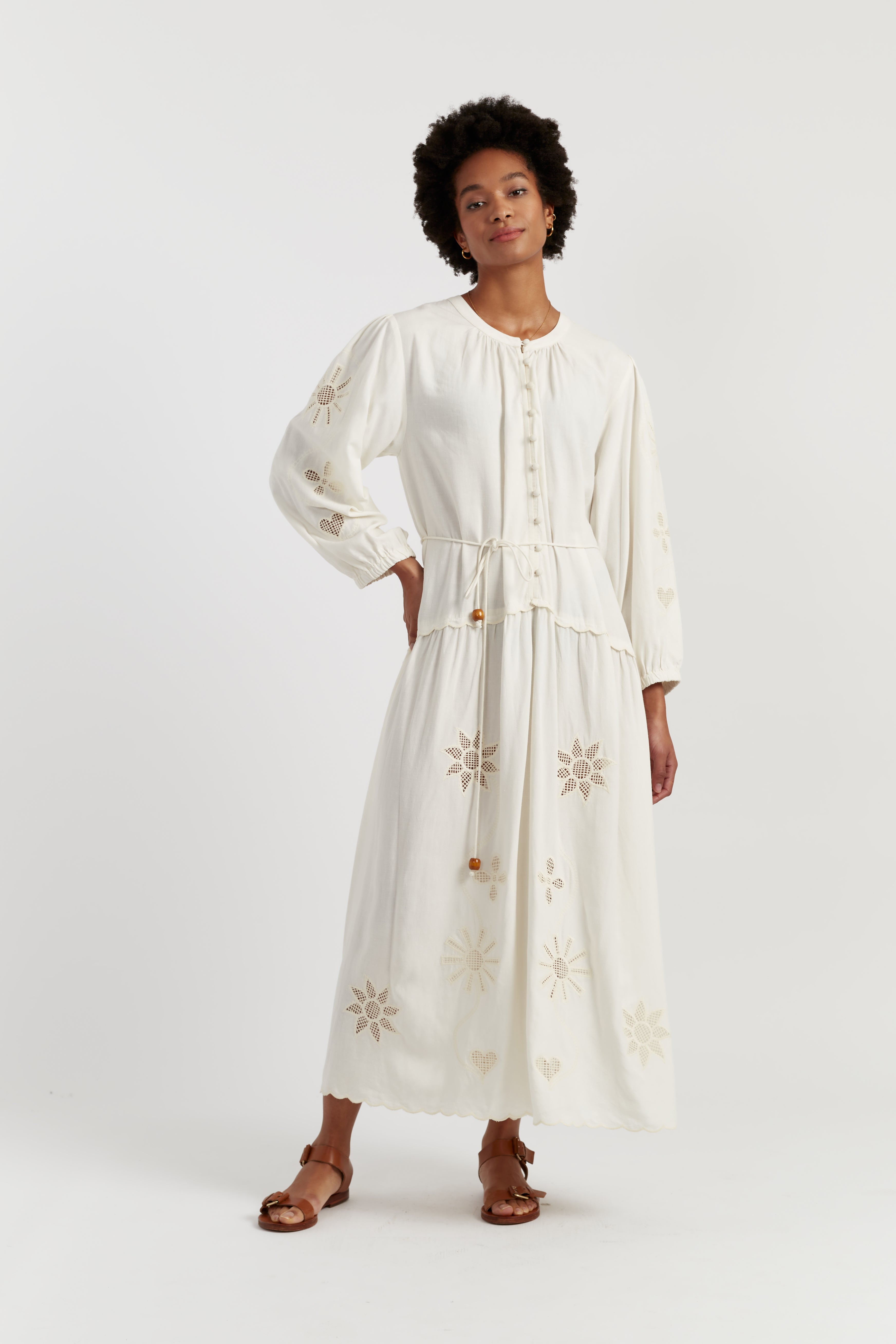 Cream Linen-Blend Broderie Dress - Chinti & Parker UK