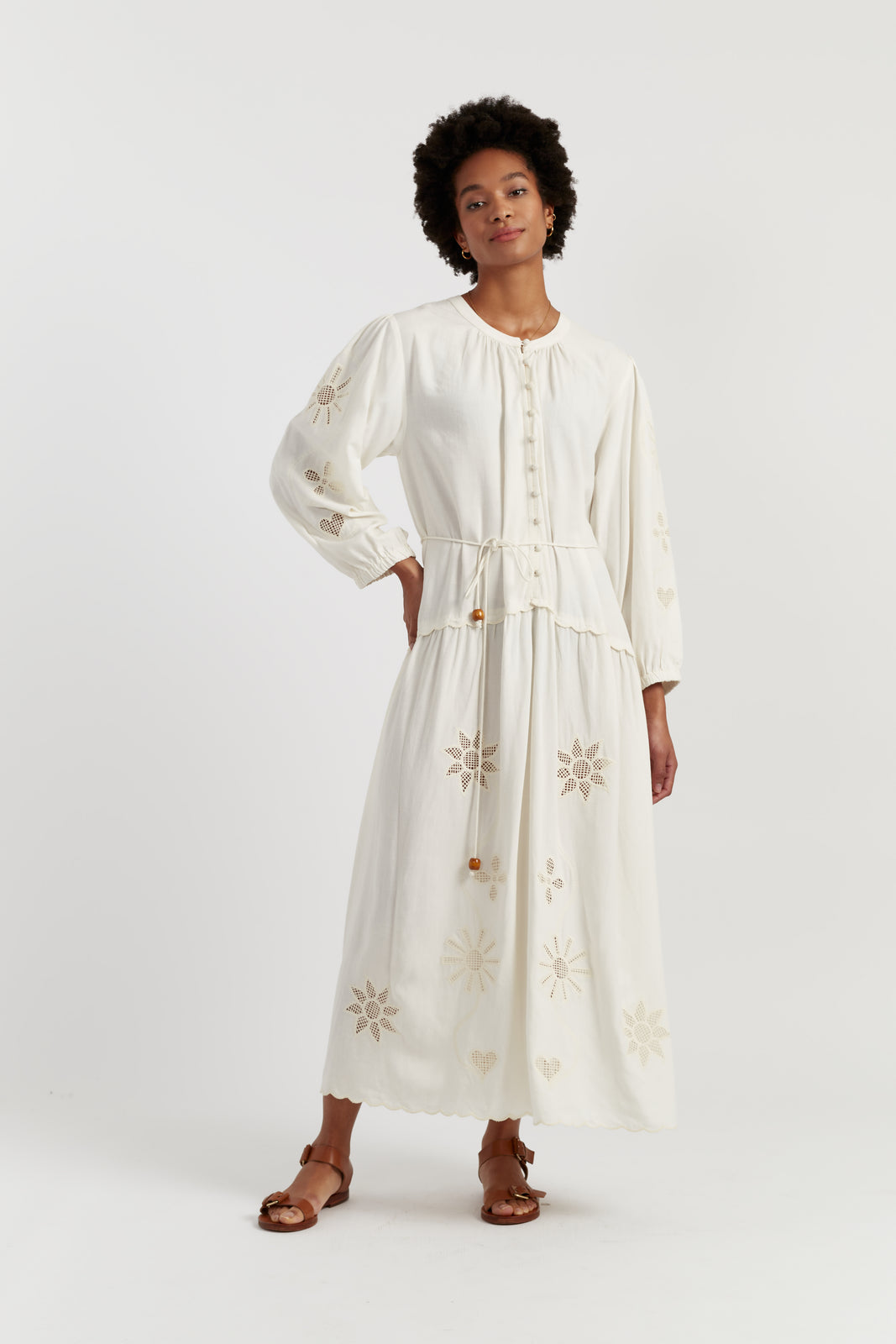 Cream Linen-Blend Broderie Dress