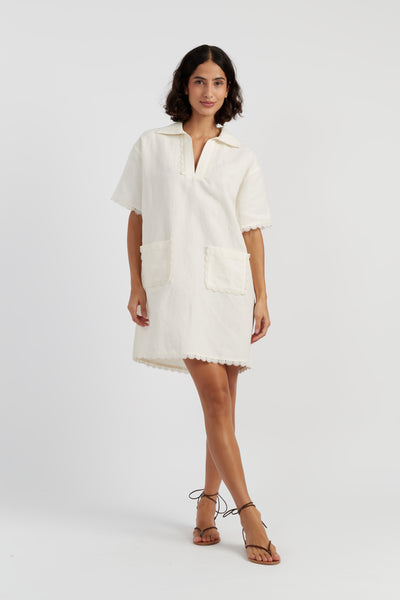 Cream Linen-Blend Scallop Tunic Dress