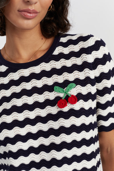 Navy Cotton Cherry Crochet Tee
