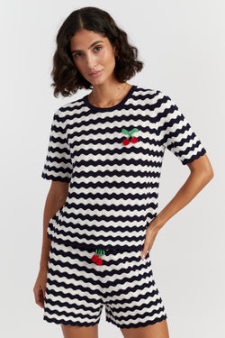 Navy Cotton Cherry Crochet Tee