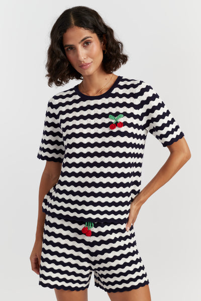 Navy Cotton Cherry Crochet Tee - Chinti & Parker UK