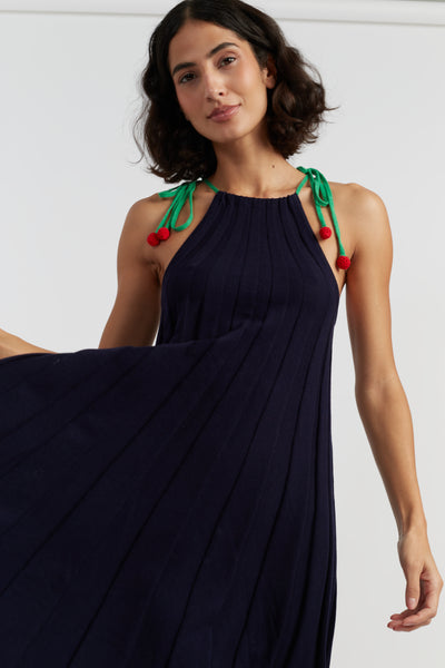 Navy Cotton Cherry Swing Dress