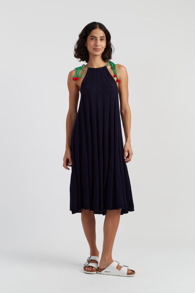 Navy Cotton Cherry Swing Dress