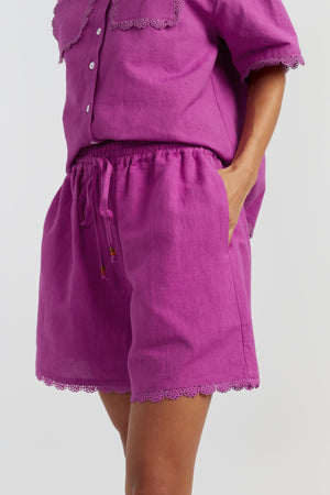 magenta-scallop-edge-linen-shorts