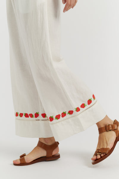 Cream Linen-Blend Strawberry Trousers