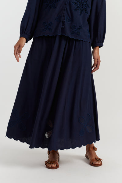 Navy Linen-Blend Broderie Skirt