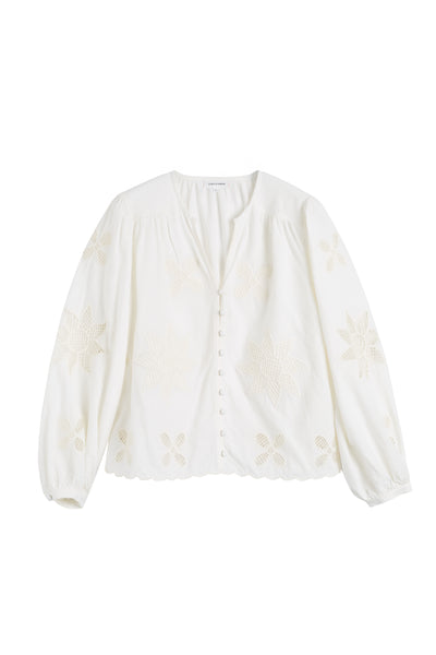 Cream  Linen-Blend Broderie Blouse