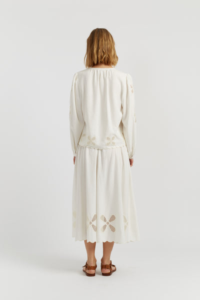 Cream  Linen-Blend Broderie Blouse