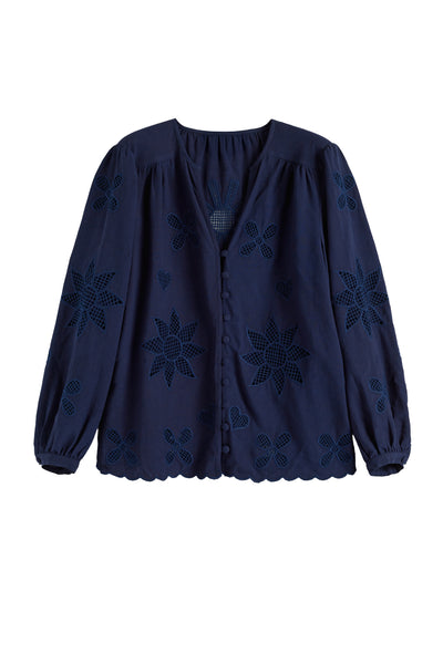 Navy Linen-Blend Broderie Blouse