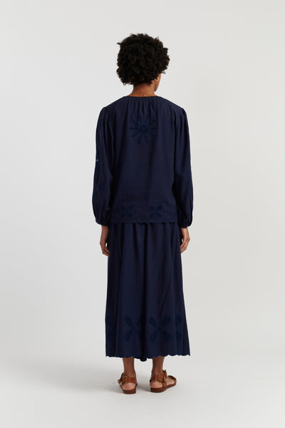 Navy Linen-Blend Broderie Blouse