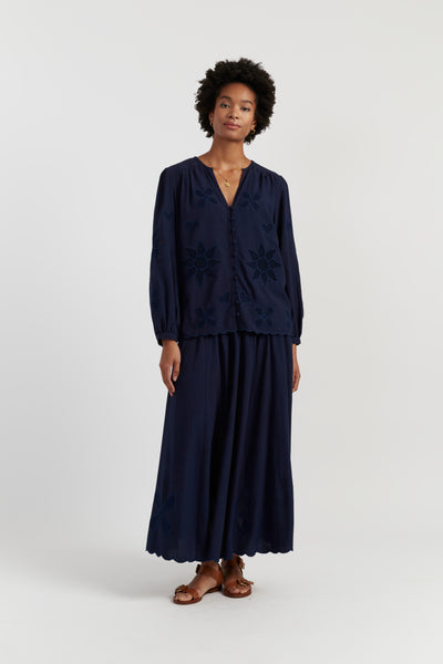 Navy Linen-Blend Broderie Blouse
