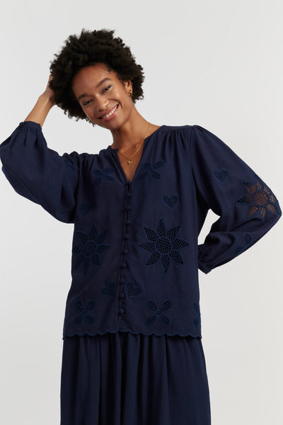 Navy Linen-Blend Broderie Blouse