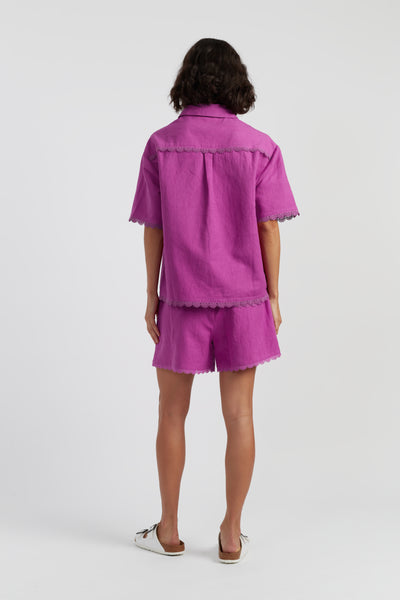 Magenta Linen-Blend Scallop Edge Shorts