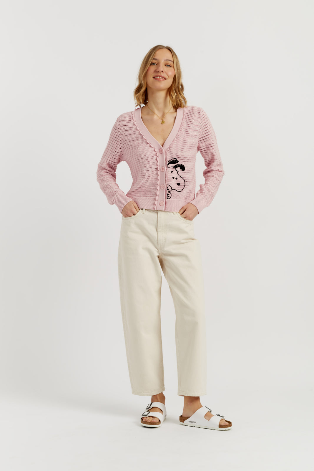 Light-Pink Cotton Snoopy Crochet Peekabo Cardigan - Chinti & Parker UK