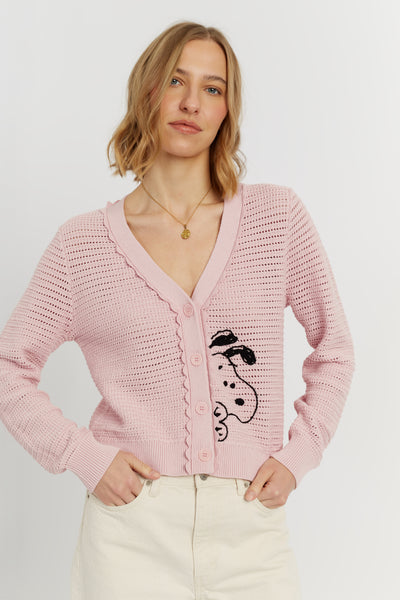 Light-Pink Cotton Snoopy Crochet Peekabo Cardigan