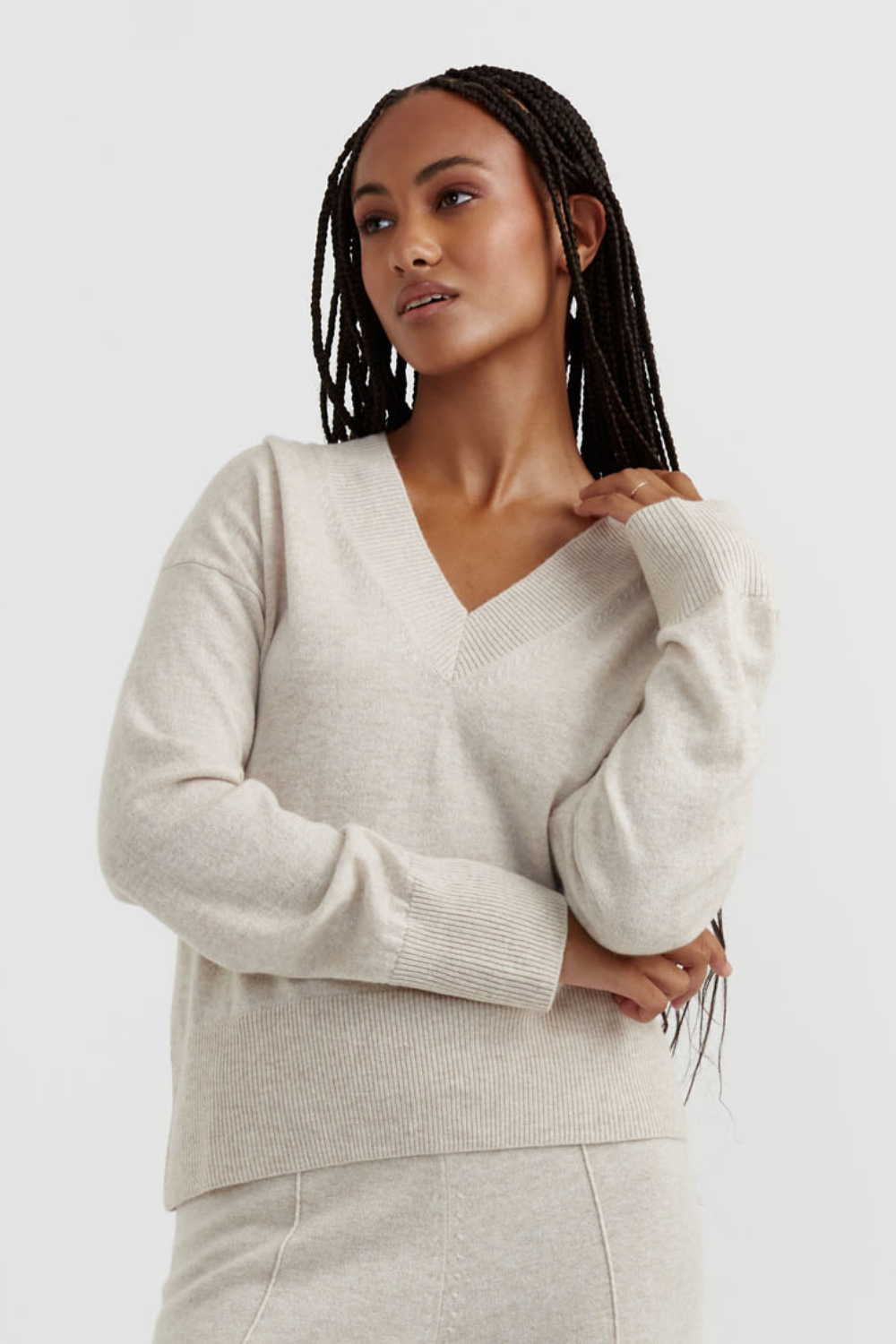Light Oatmeal Wool Cashmere V Neck Sweater Chinti Parker UK
