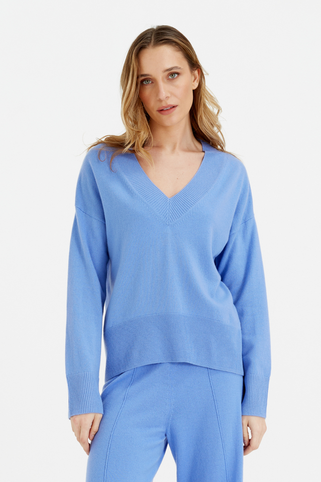 Powder-Blue Wool-Cashmere V-Neck Sweater image 4