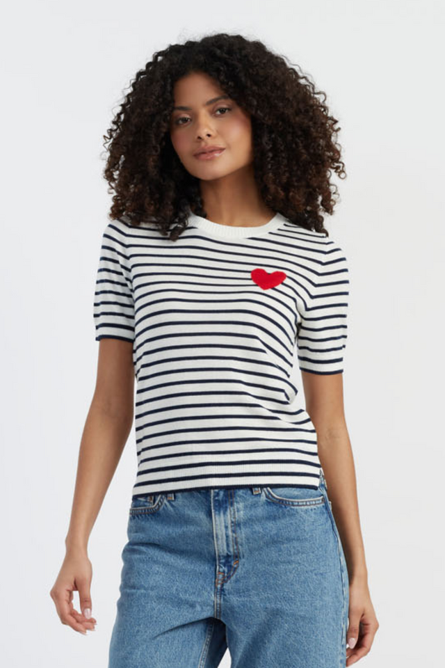 Cream-Navy Merino Heart Breton T-shirt image 1